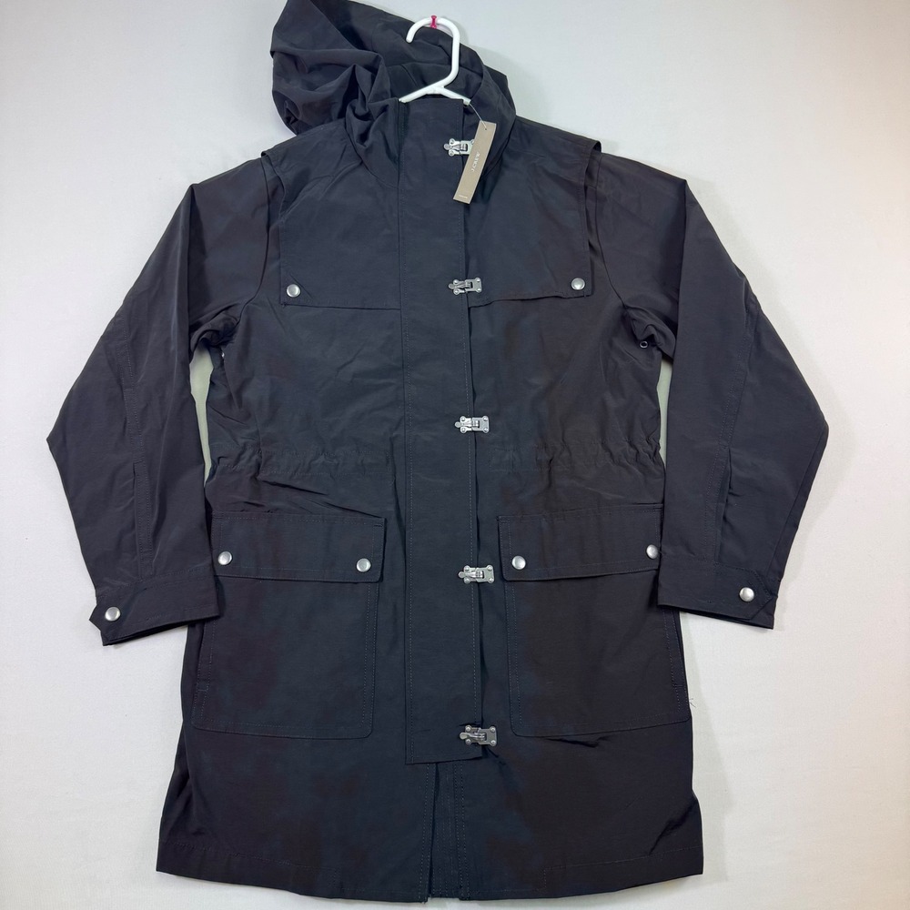 J. Crew Lightweight Utility Jacket Womens XS Black Hooded Buckle Closure NEW